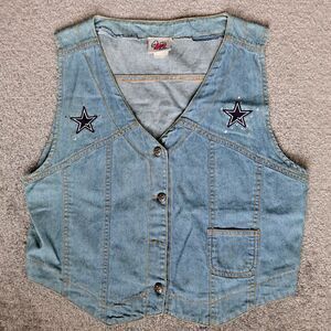 Vintage 42Her Vest Women L Blue Denim Dallas Cowboy Patch Embroider USA Made 90s